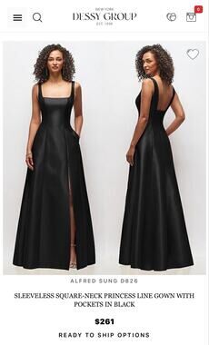 Alfred Sung D826 Black Satin Twill Square Neck Ball Gown Dress Pockets